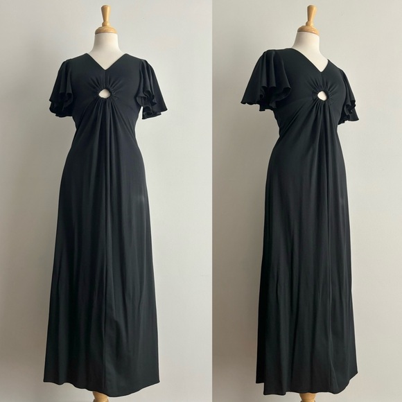 Vintage 70s Black Keyhole Flutter Sleeve Maxi Dress 38 - Picture 3 of 10